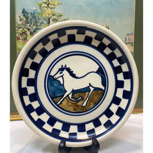 Debbie Dean Pottery HORSE Checkerboard Bowl Folk Art Primitive 8.5"